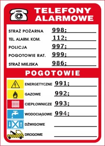 ZNAK BHP TELEFONY ALARMOWE POGOTOWIE POLICJA STRAŻ